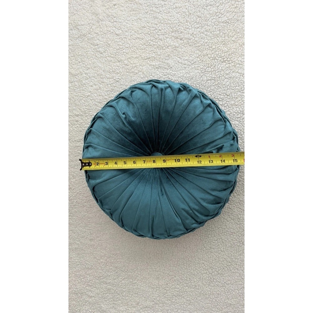 Round Velvet Throw Pillow Pumpkin Teal Blue Green Tufted Pleated Cushion Decor - Picture 12 of 16